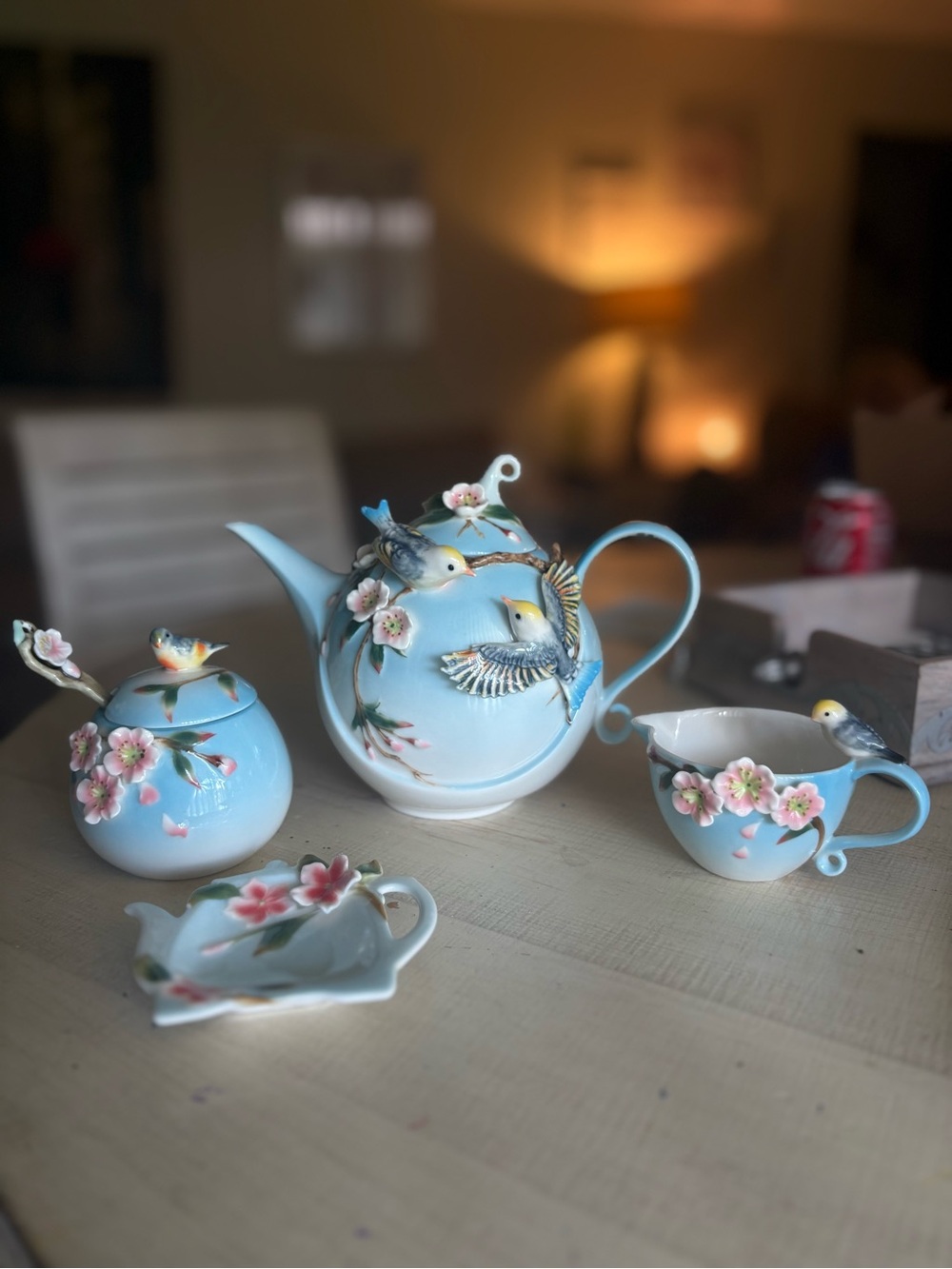 Pier 1 Light Blue Porcelain Tea Set with Birds & Pink Blossoms